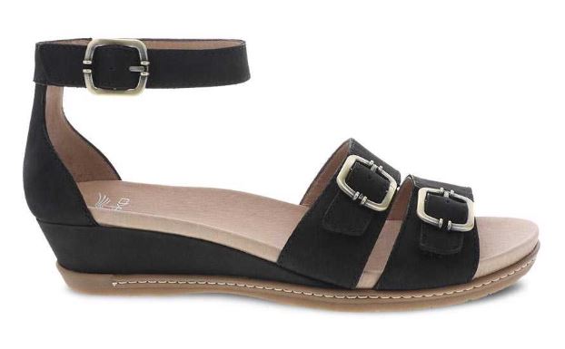Dansko Astrid Black Milled Nubuck Womens Low Wedge Sandals 1532-470300