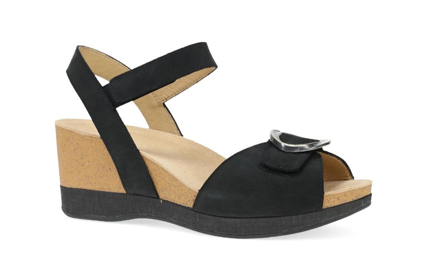 Dansko Black Milled Nubuck Stella Women's Wedge Sandals 10003-100200