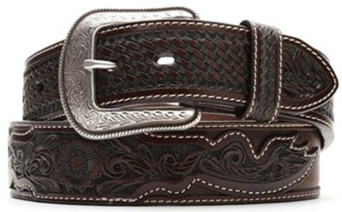 Dark Brown 1 1/2in Basketweave & Floral Tooled Western 3D Mens Belts