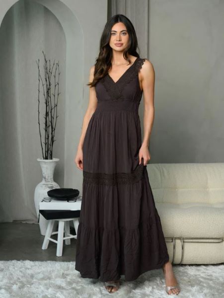 Dark Brown Sleeveless V-Neck Embroidery Detail Maxi Dress I-6-B-25917D