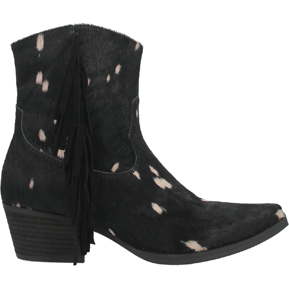 Dingo Black Hair We Go Ladies Cow Print Fringe Short Boot DI351