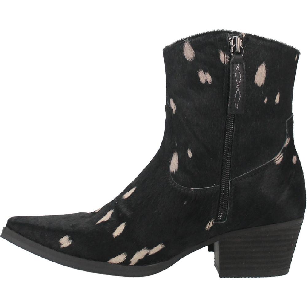 Dingo Black Hair We Go Ladies Cow Print Fringe Short Boot DI351
