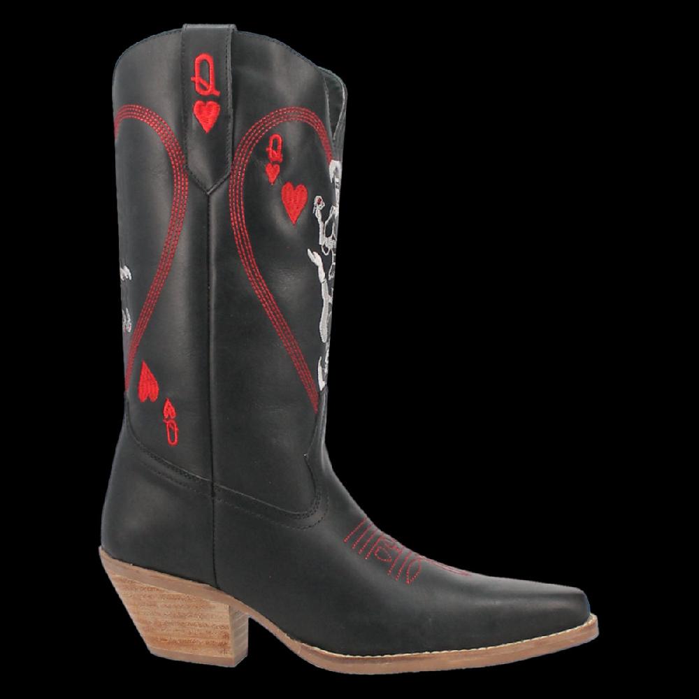 Dingo Black Queen A Hearts 12 Inch Almond Toe Women's Leather Western Boots DI174-BLACK