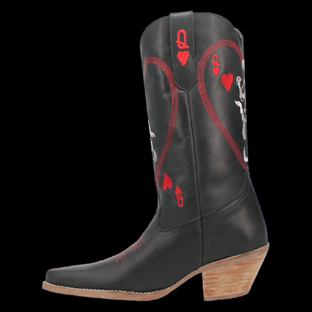 Dingo Black Queen A Hearts 12 Inch Almond Toe Women's Leather Western Boots DI174-BLACK