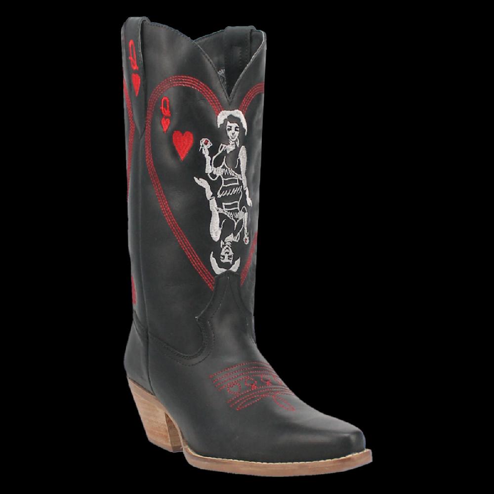 Dingo Black Queen A Hearts 12 inch Almond Toe Women's Leather Western Boots DI174-BLACK