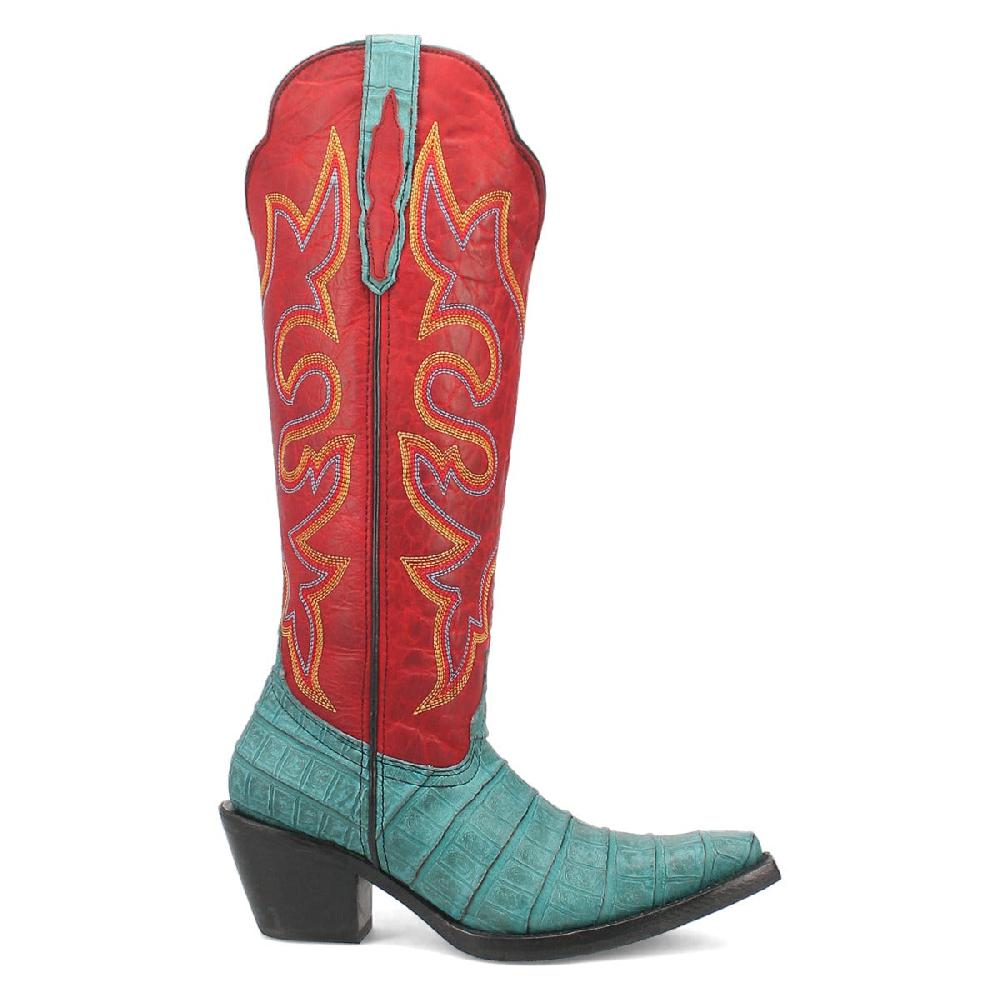 Dingo Turquoise/Red Matilda Women's 16 Inch Snip Toe Gator Print Leather Western Boots DI231-TURQ