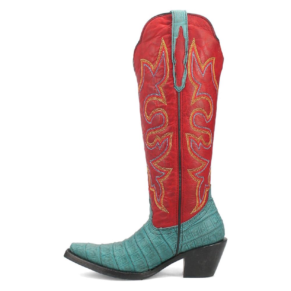 Dingo Turquoise/Red Matilda Women's 16 Inch Snip Toe Gator Print Leather Western Boots DI231-TURQ
