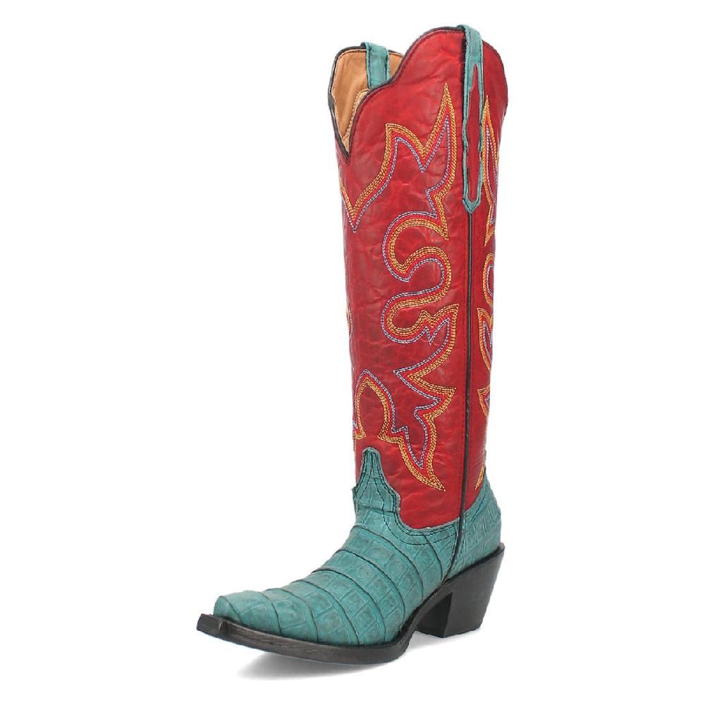 Dingo Turquoise/Red Matilda Women's 16 Inch Snip Toe Gator Print Leather Western Boots DI231-TURQ