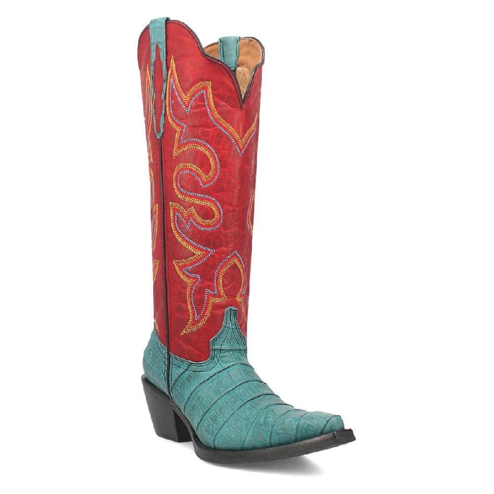 Dingo Turquoise/Red Matilda Women's 16 inch Snip Toe Gator Print Leather Western Boots DI231-TURQ