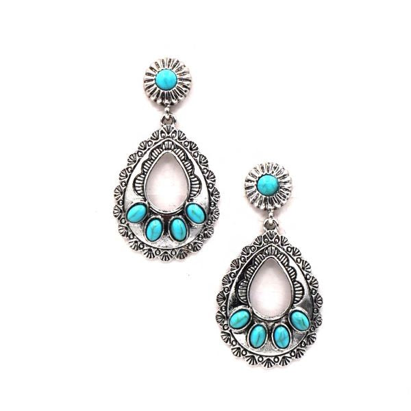 Elite Western Silver Plated 2 inch Tear Drop Dangling Earrings with Turquoise Stones ER180525-06