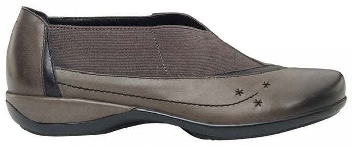 EVA Grey Leather Slip-On Stretch Panel Comfort Aetrex Womens Shoes
