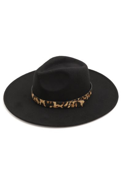 Fame Accessories Black Leopard Strap Flat Brim Womens Fedora Hat MMT7261BK