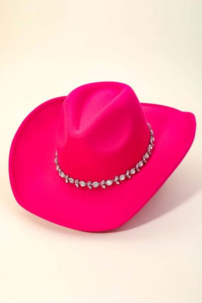 Fame Accessories Fuschia Flower Rhinestone Chain Strap Cowboy Hat MMT8760FU
