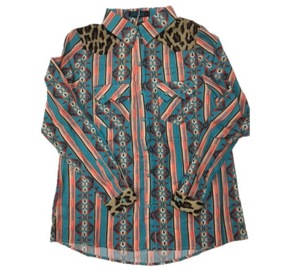 Fashion Express Multicolored Stripes Aztec Print and Leopard Womens Long Sleeve Snap Shirt T966