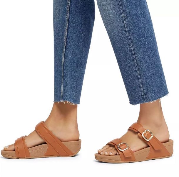 Fitflop Light Tan Lulu Adjustable Womens Leather Slides ES7-592