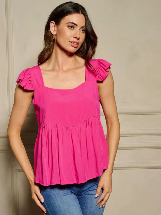 Fuchsia Ruffle Sleeve Women's Square Neck Tunic Blouse Top T51698W-FUCH