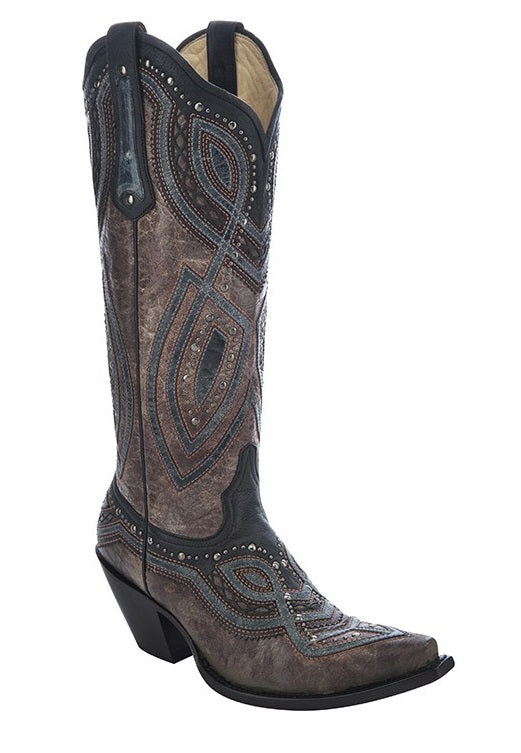 G1263 Brown/Black-Grey Overlay & Stud Western Corral Women's Boots