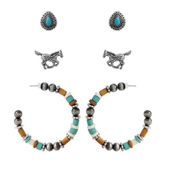 Good Feelings Antique Silver/Multi Western Horse Stud Earring Set 93617