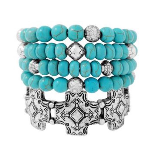 Good Feelings Silver Burnished/Turquoise Western Cross Multi-layered Stretch Bead Bracelet Set 91476
