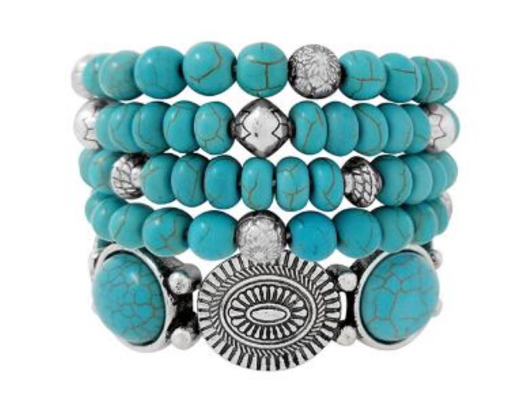 Good Feelings Silver Burnished/Turquoise Western Concho Multi Layered Stretch Bracelet Set 93659
