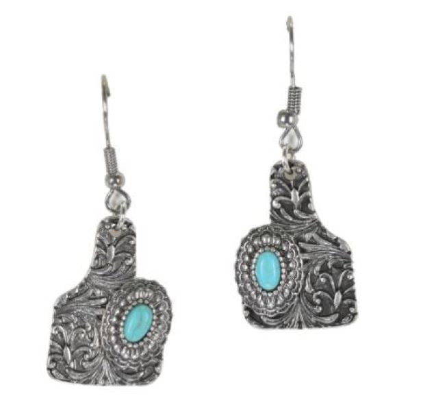 Good Feelings Silver Burnished/Turquoise Western Filigree Textured Earrings 97977