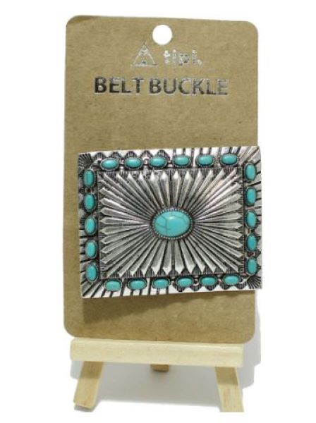 Good Feelings Silver Burnished/Turquoise Western Rectangle Concho Belt Buckle 98619