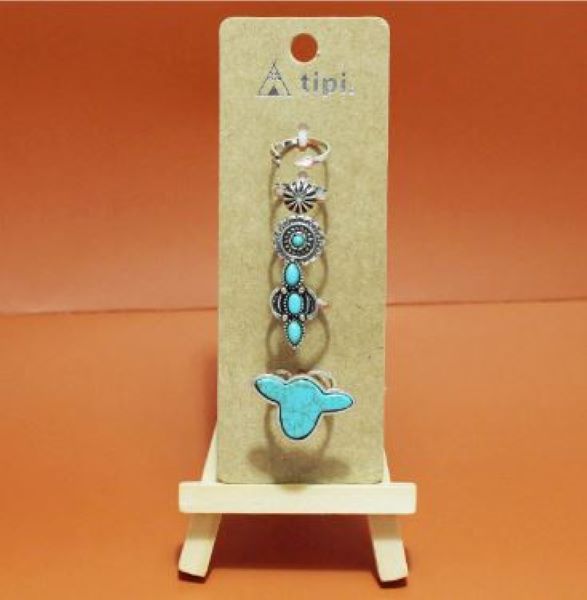 Good Feelings Turquoise Stone Western Cow Head Adjustable Ring Set 94126
