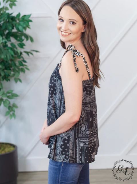 Grace And Emma Black Bandana The Carry On Tie Strap Tank Top 3698C-BLK
