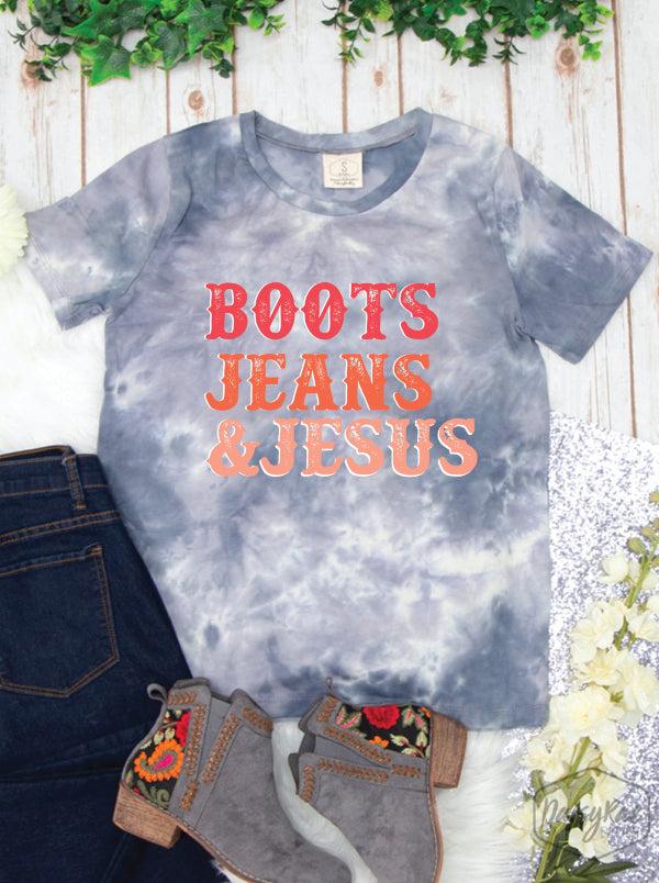 Grace and Emma Blue Smoke Boots Jeans and Jesus Ladies Crew Neck Tee 4987B-BJJ