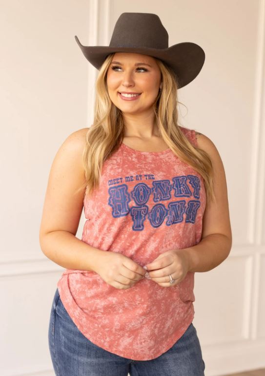 Grace and Emma by Southern Grace Meet Me at the Honky Tonk Pink Women's Acid Wash Tank 7378B-PINK-HT