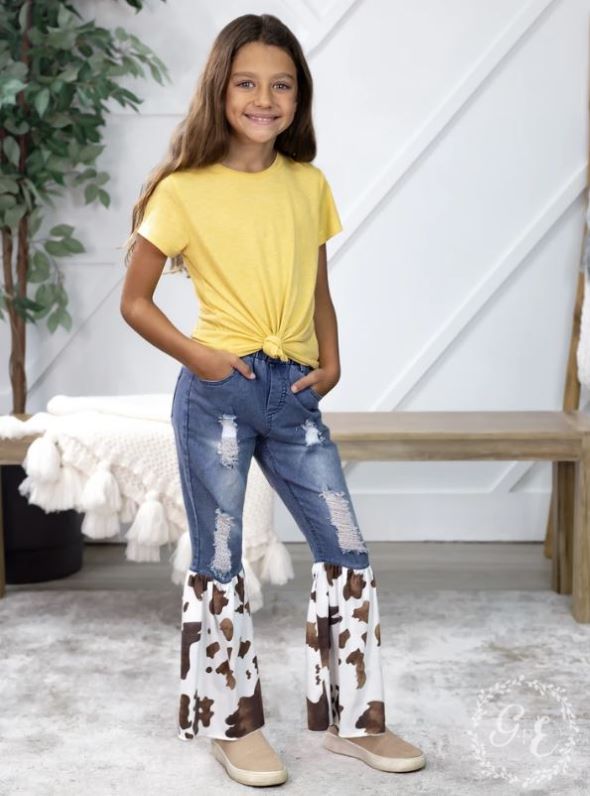 Grace and Emma Cowhide Somewhere Between Western and Wildin Girls Denim Flare Pants K6708E