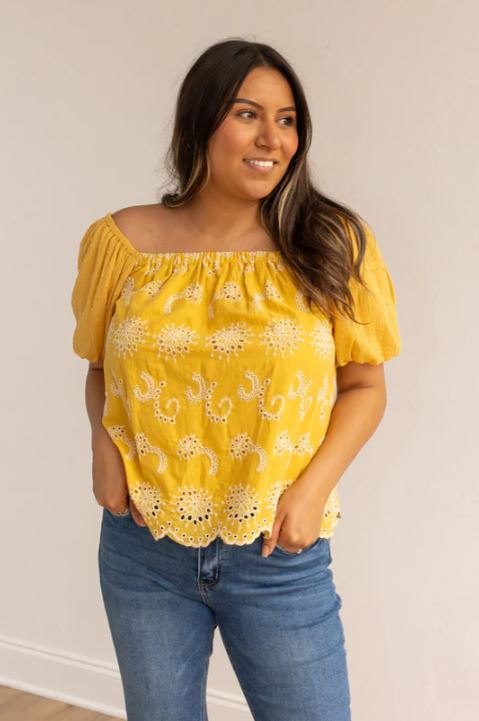 Grace and Emma Mustard Sunflower Breeze Women's Eyelet Blouse 9039E