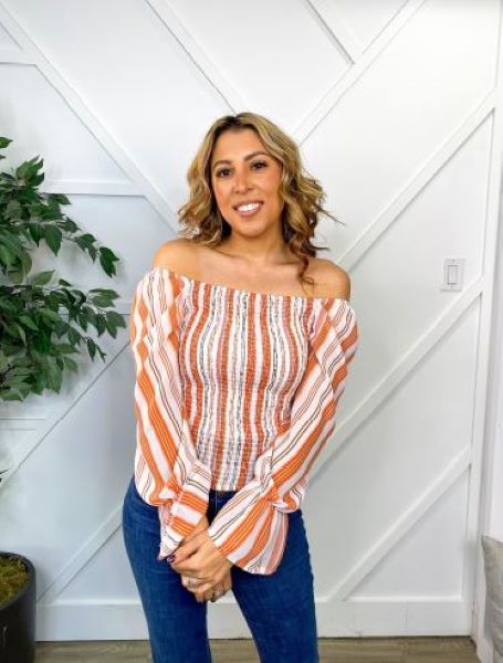 Grace and Emma Orange Multi Stripe Off the Shoulder Long sleeve Womens Top 5174