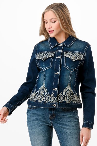 Grace in L.A. Dark Wash Aztec Border Print Women's Denim Jacket TE61807