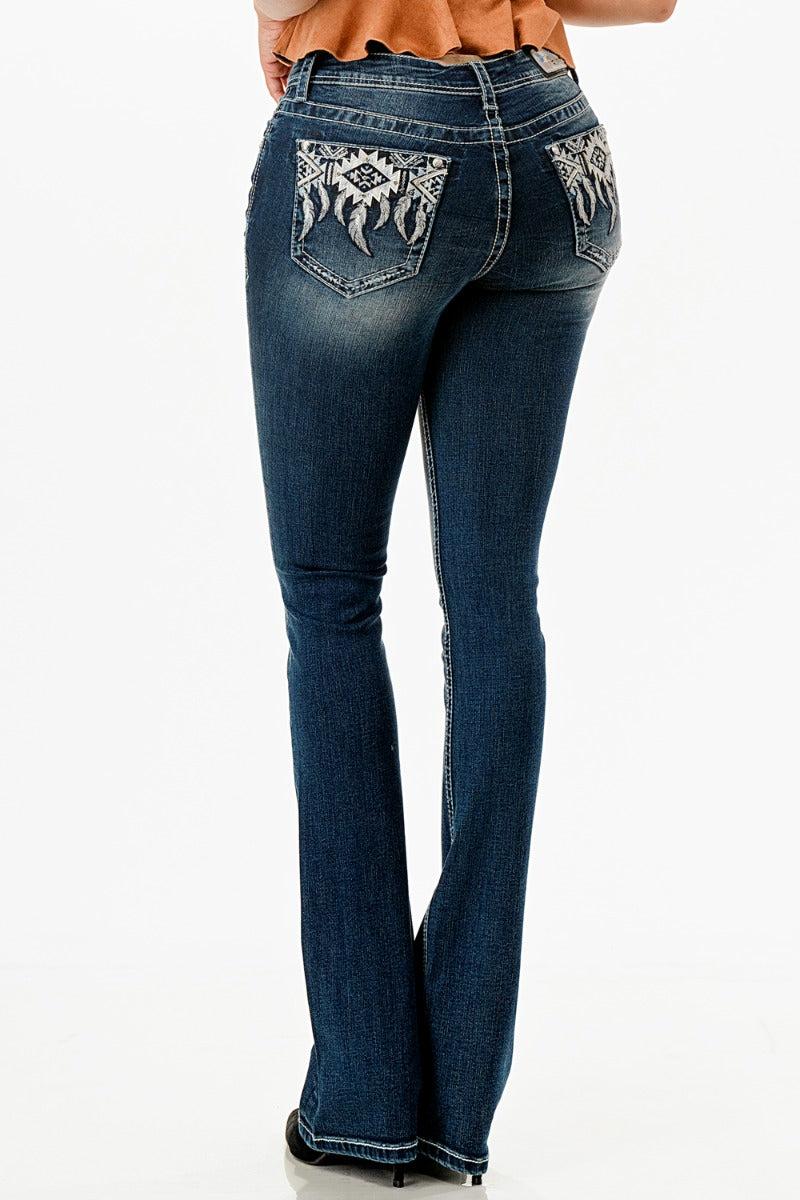 Grace in LA Aztec Border Feather Pocket Bootcut Women's Jeans EB-S768