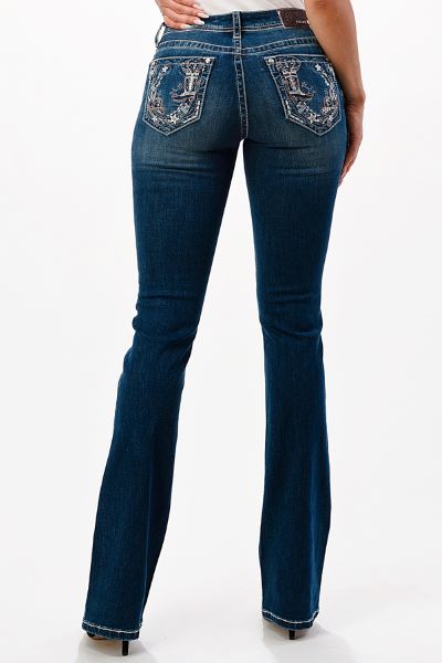 Grace in LA Blue Boots and Horseshoe Embellishment Pocket Bootcut Women's Jeans- 32 inch Inseam EB51670-32