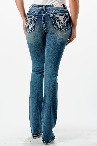 Grace in LA Blue Easy Fit Metallic Longhorn with Embroidered Feathers Pocket 32 inch inseam Women's Jeans EBS600-32