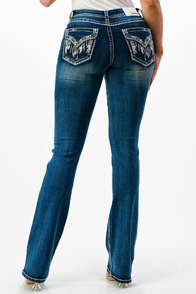 Grace in LA Blue Faux Flap Feather Pocket Bootcut Women's Jeans EB51786