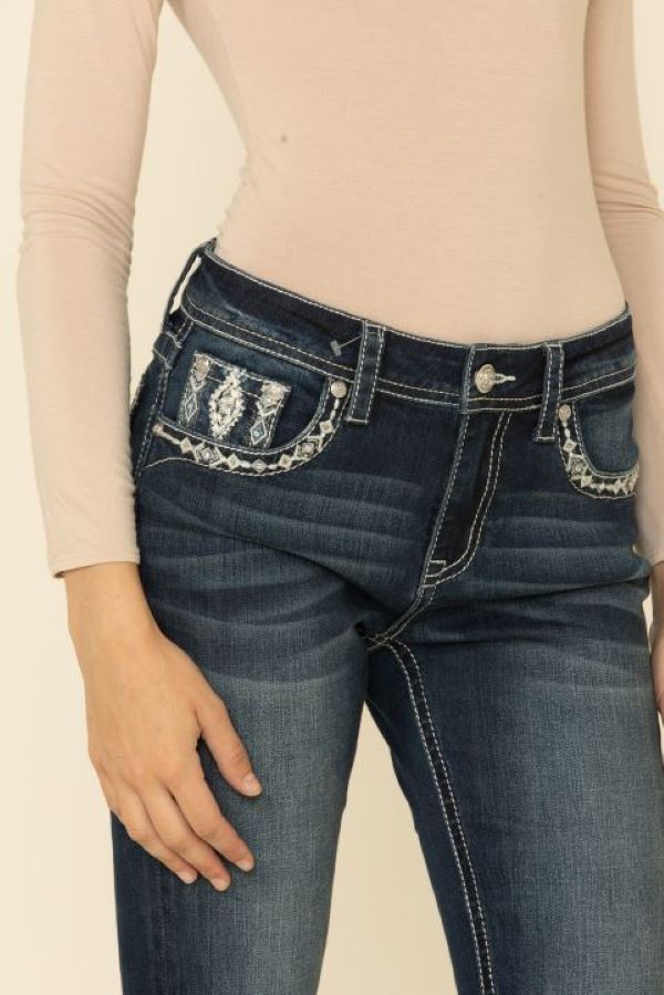 Grace In LA Dark Blue Wash Easyfit Bootcut Womens Jeans With Silver Tribal Motif EB3382SL