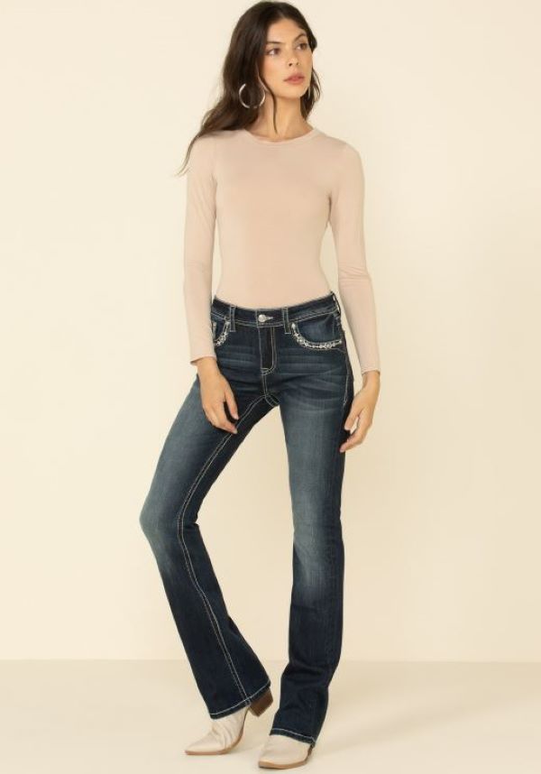 Grace In LA Dark Blue Wash Easyfit Bootcut Womens Jeans With Silver Tribal Motif EB3382SL