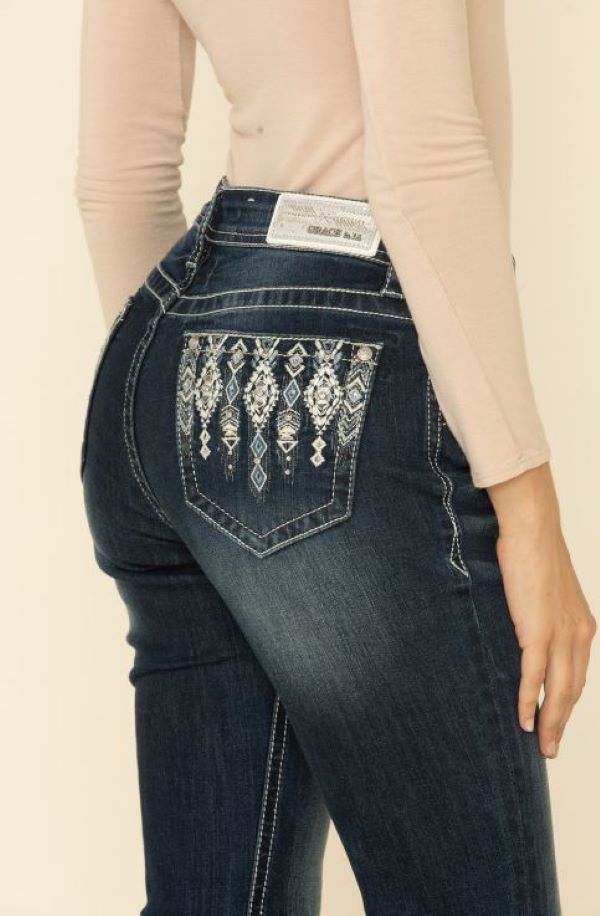 Grace in LA Dark Blue Wash Easyfit Bootcut Womens Jeans with Silver Tribal Motif EB3382SL