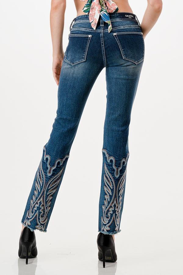 Grace in LA Dark Wash Easy Fit 30 inch inseam Women's Straight Leg Jean with Embroidery on the Leg ET81688