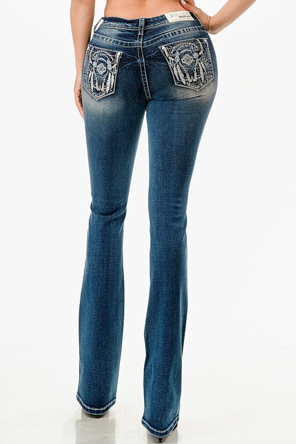 Grace in LA Dark Wash Easy Fit Bootcut Jeans with Steerhead and Feather Pocket EBS829
