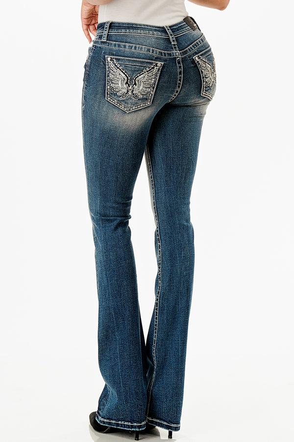 Grace in LA Dark Wash Easy Fit Feather Wing Pocket Bootcut Women's Jeans EB-51855SL