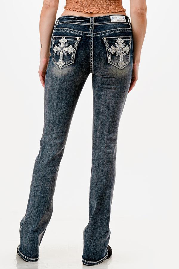 Grace in LA Dark Wash Easy Fit Mid Rise Bootcut Women's Jeans with a Cross on the pocket EB-S867