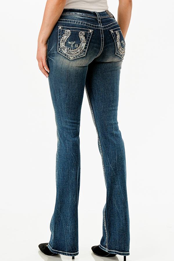 Grace In LA Dark Wash Easy Fit Paisley Embroidery Inset Horseshoe Bootcut Women's Jeans EB-51908