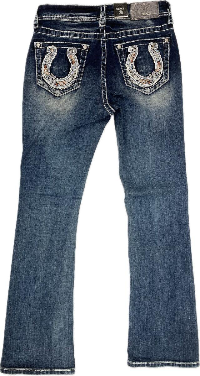 Grace In LA Dark Wash Easy Fit Paisley Embroidery Inset Horseshoe Bootcut Women's Jeans EB-51908