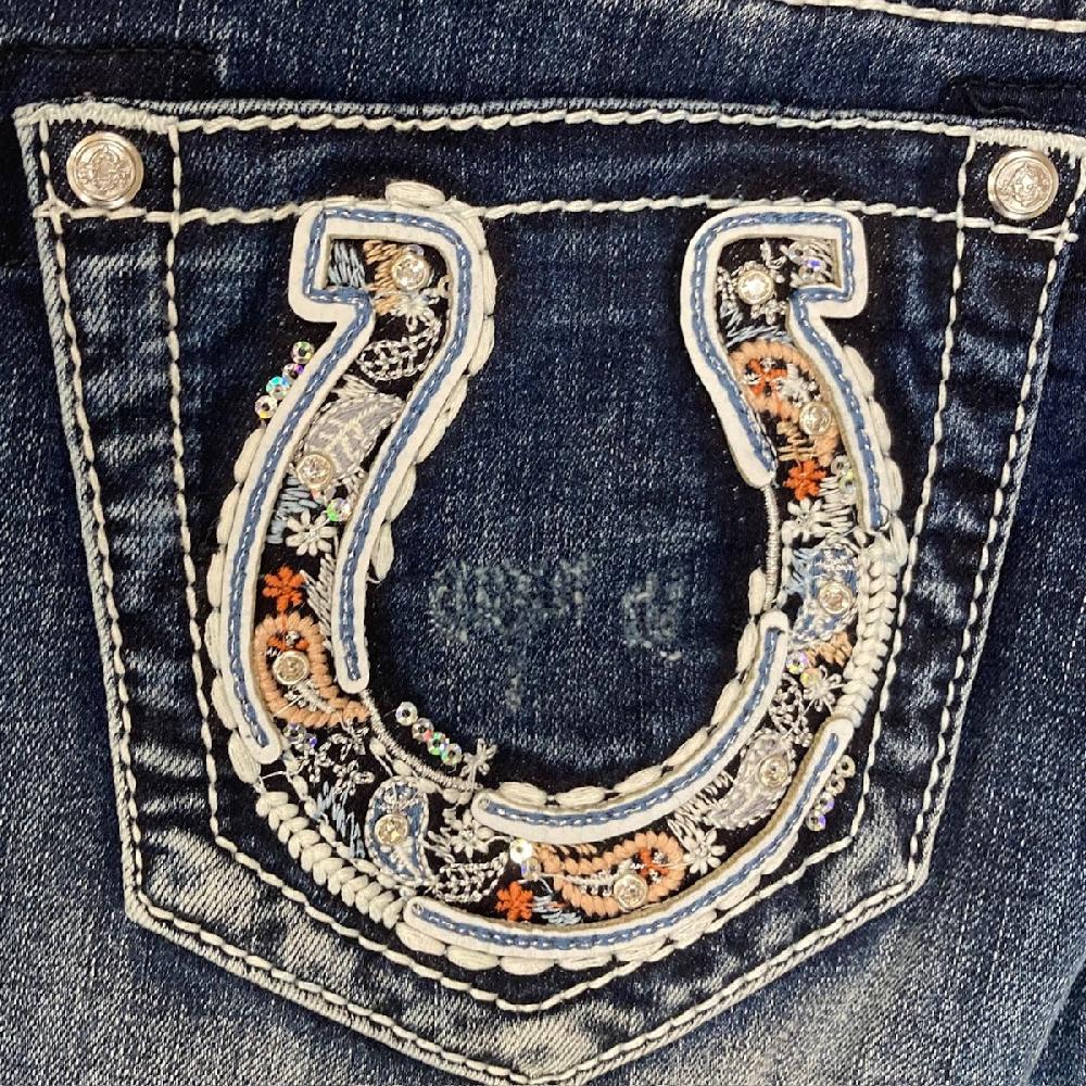 Grace in LA Dark Wash Easy Fit Paisley Embroidery Inset Horseshoe Bootcut Women's Jeans EB-51908