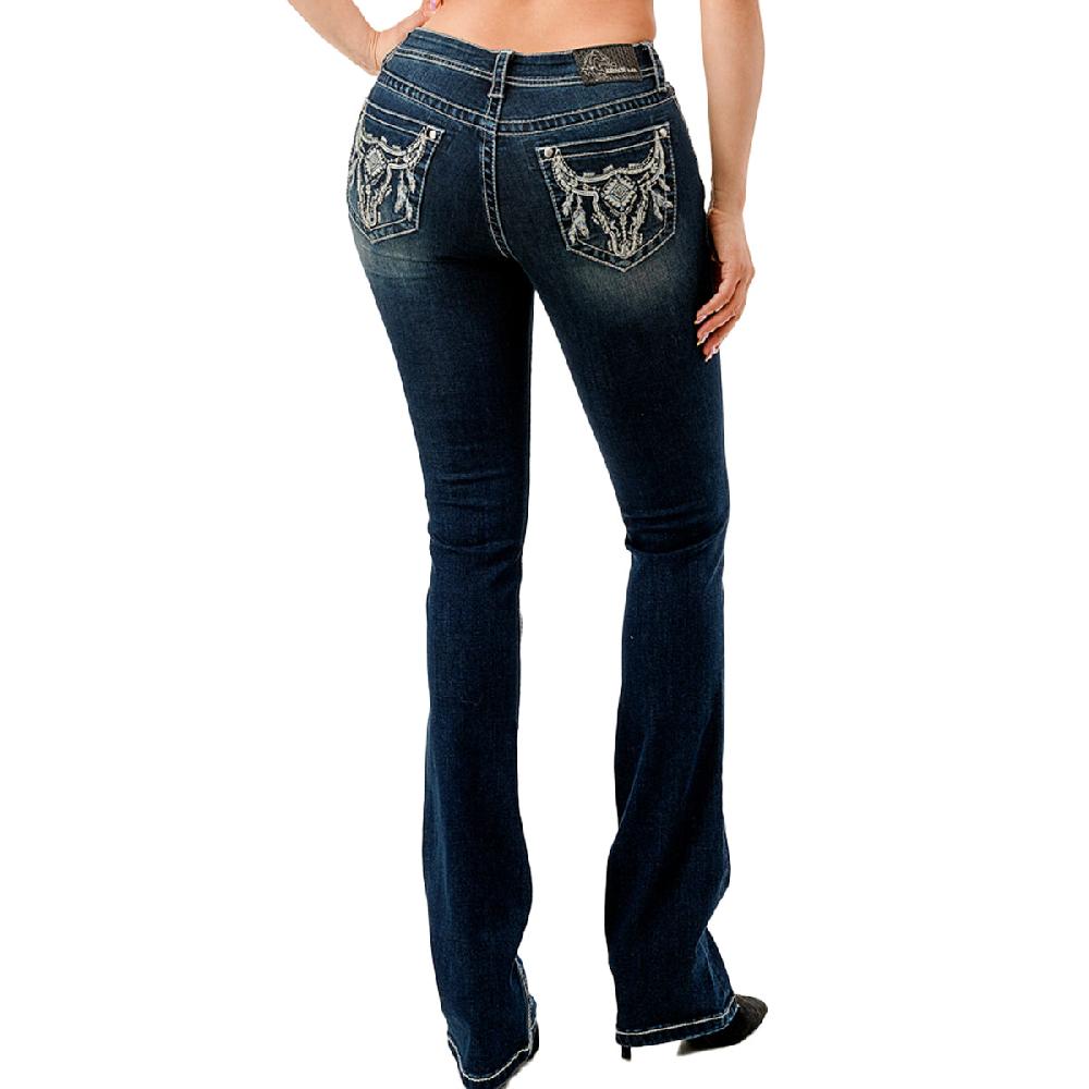 Grace in LA Dark Wash Easy Fit Women's Jeans with a Floral Steer Head Pocket EB-51955