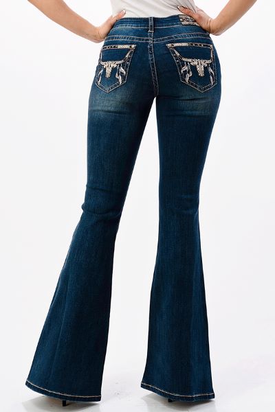 Grace in LA Dark Wash Feather and Steerhead Embroidered Women's Trouser Jeans EL61607